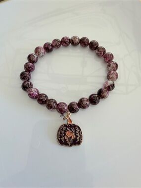 Purple Marbled Bead Bracelet with Pumpkin Flower Charm